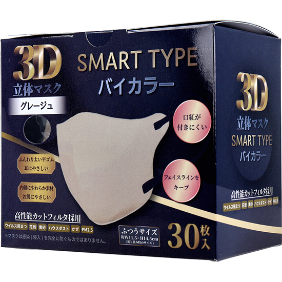 3D立体マスクスマートタイプバイカラーグレージュ30枚入の個装外観写真